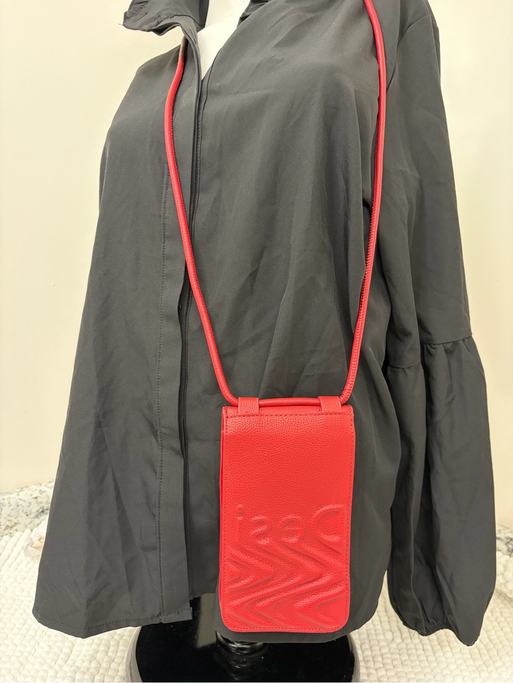 Desigual Red and Black Pebbled Crossbody Phone Pouch with Long Strap